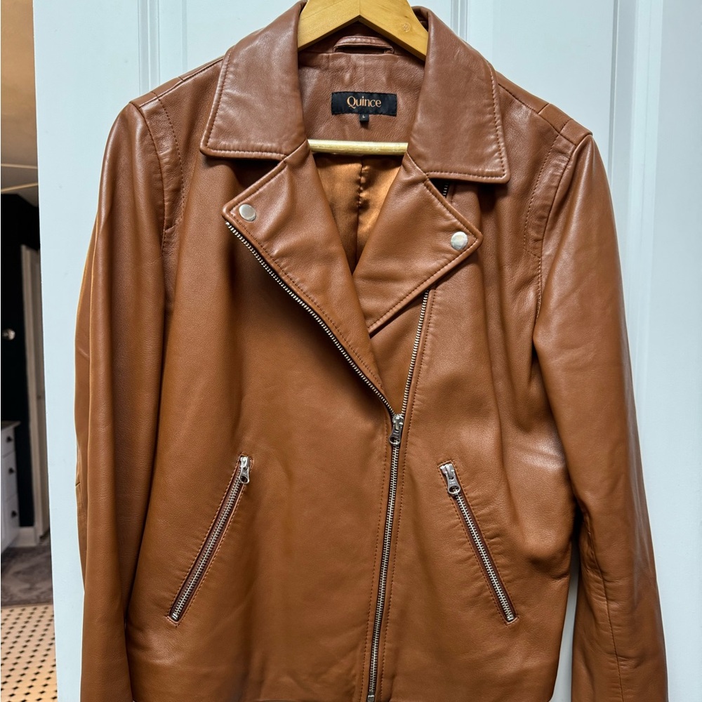 Quince Cognac Washed Leather Biker Jacket